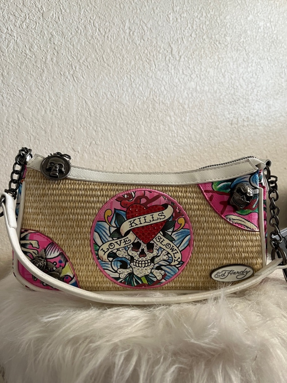 NWT Ed Hardy Natural Straw Shoulder Bag with White Trim and Pink Skull Accents